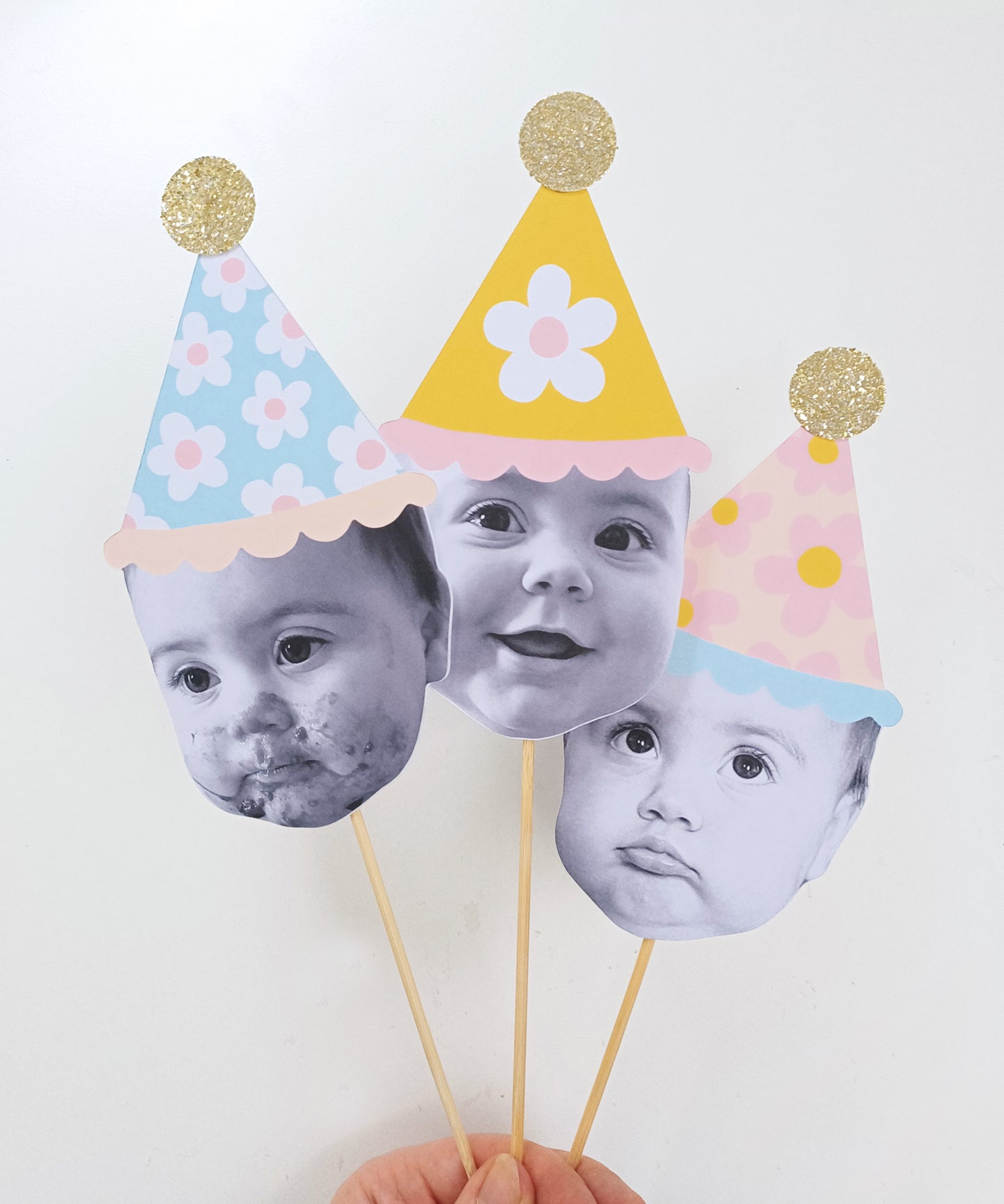Set Of Three Large Daisy Happy Head Cake Toppers