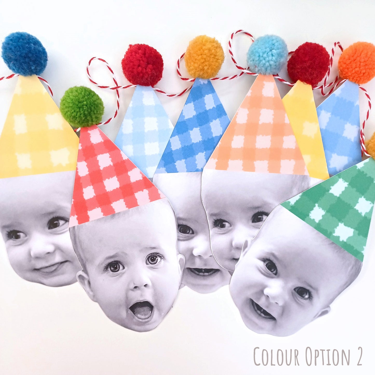 Happy Head Personalised Face Gingham Pom Pom Garland