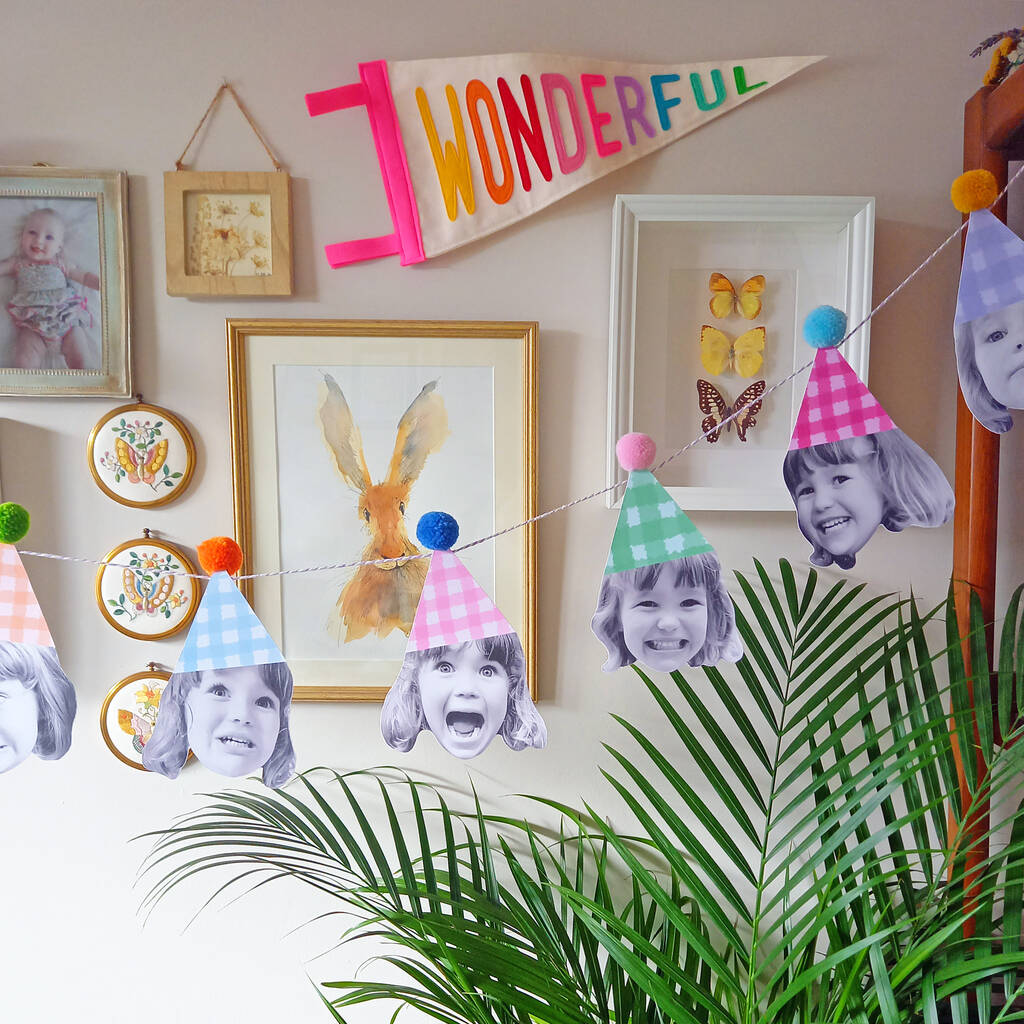 Happy Head Personalised Face Gingham Pom Pom Garland