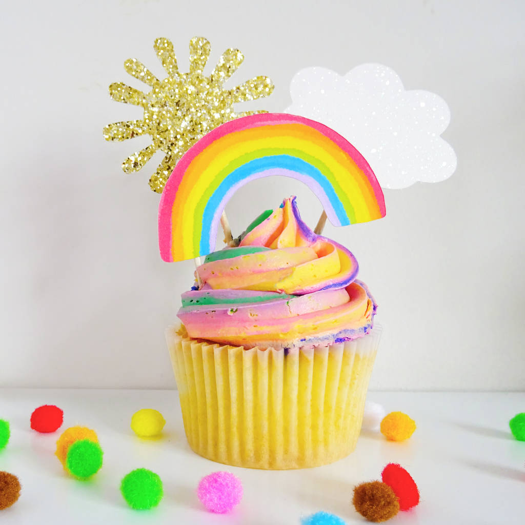 Rainbow, Cloud And Sparkly Sun Cupcake Toppers