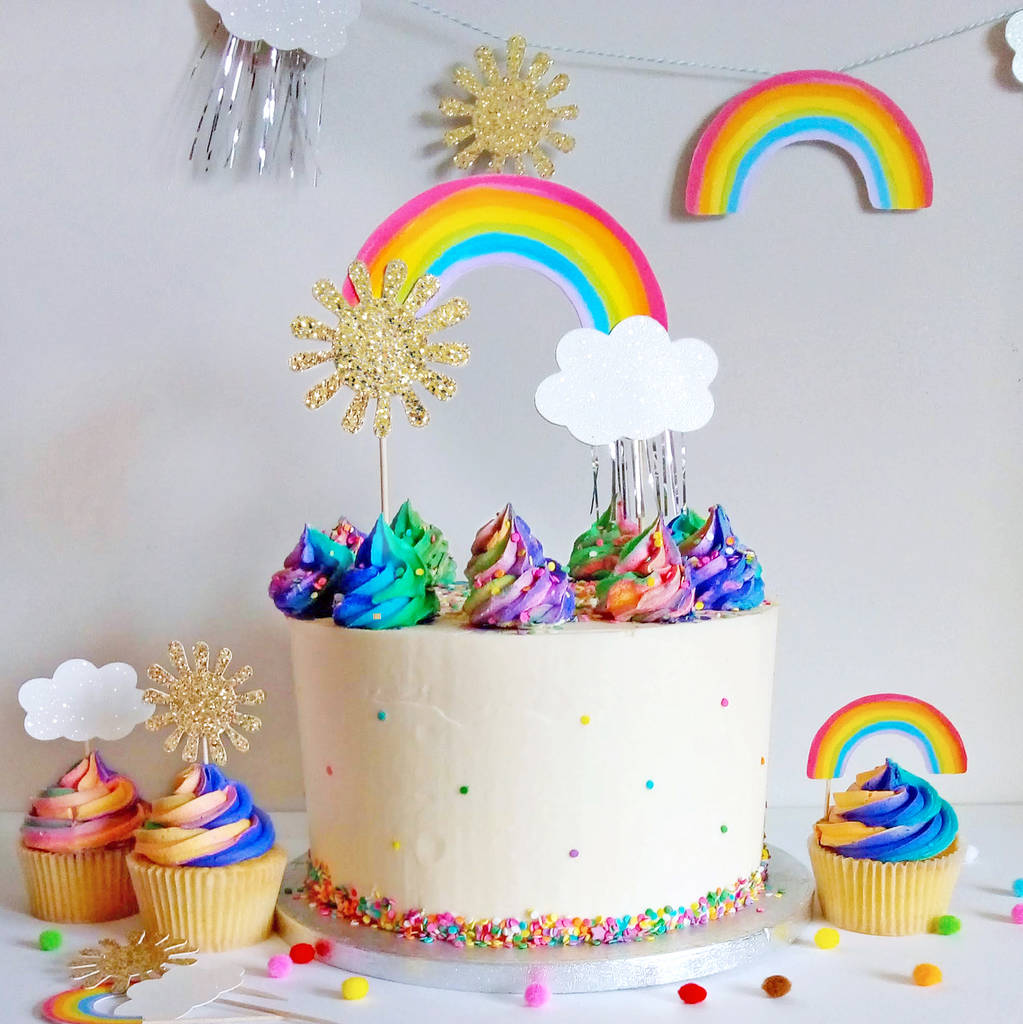 Rainbow, Cloud And Sparkly Sun Cupcake Toppers
