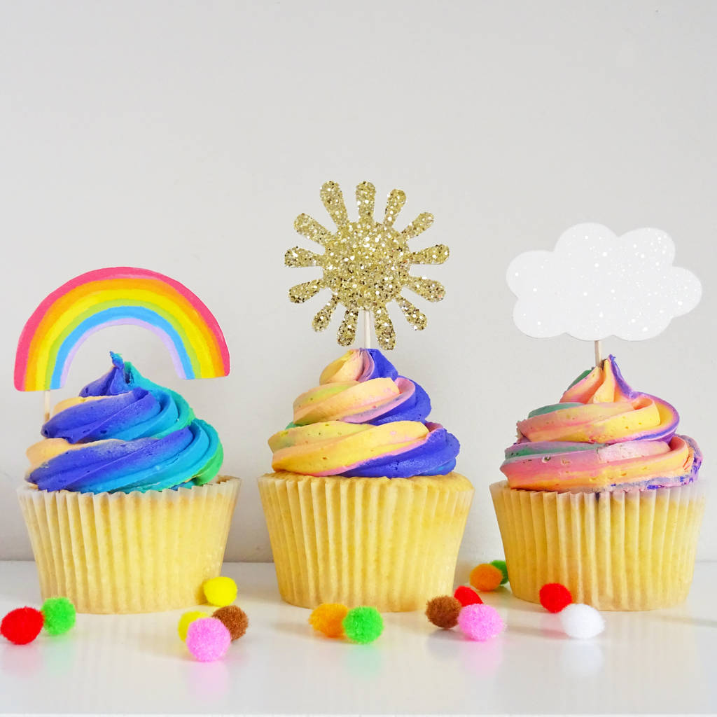 Rainbow, Cloud And Sparkly Sun Cupcake Toppers