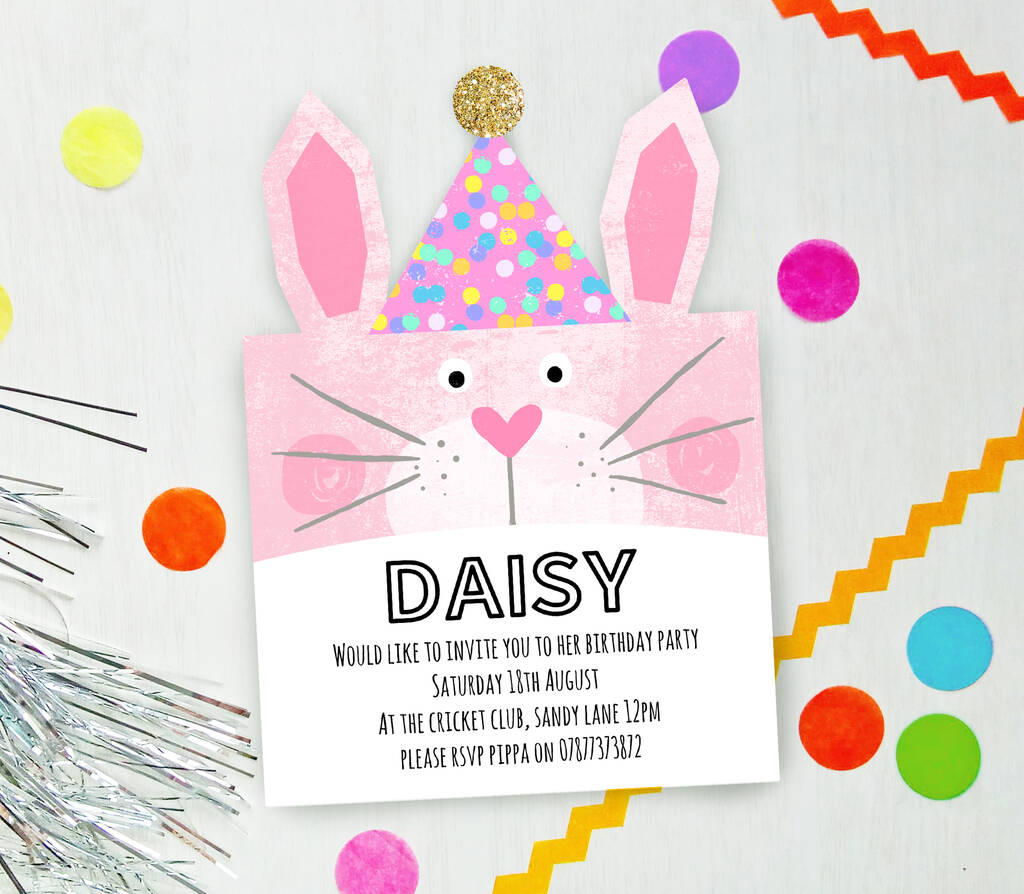 Set Of Six Luxury Party Animal Pink Bunny Invites
