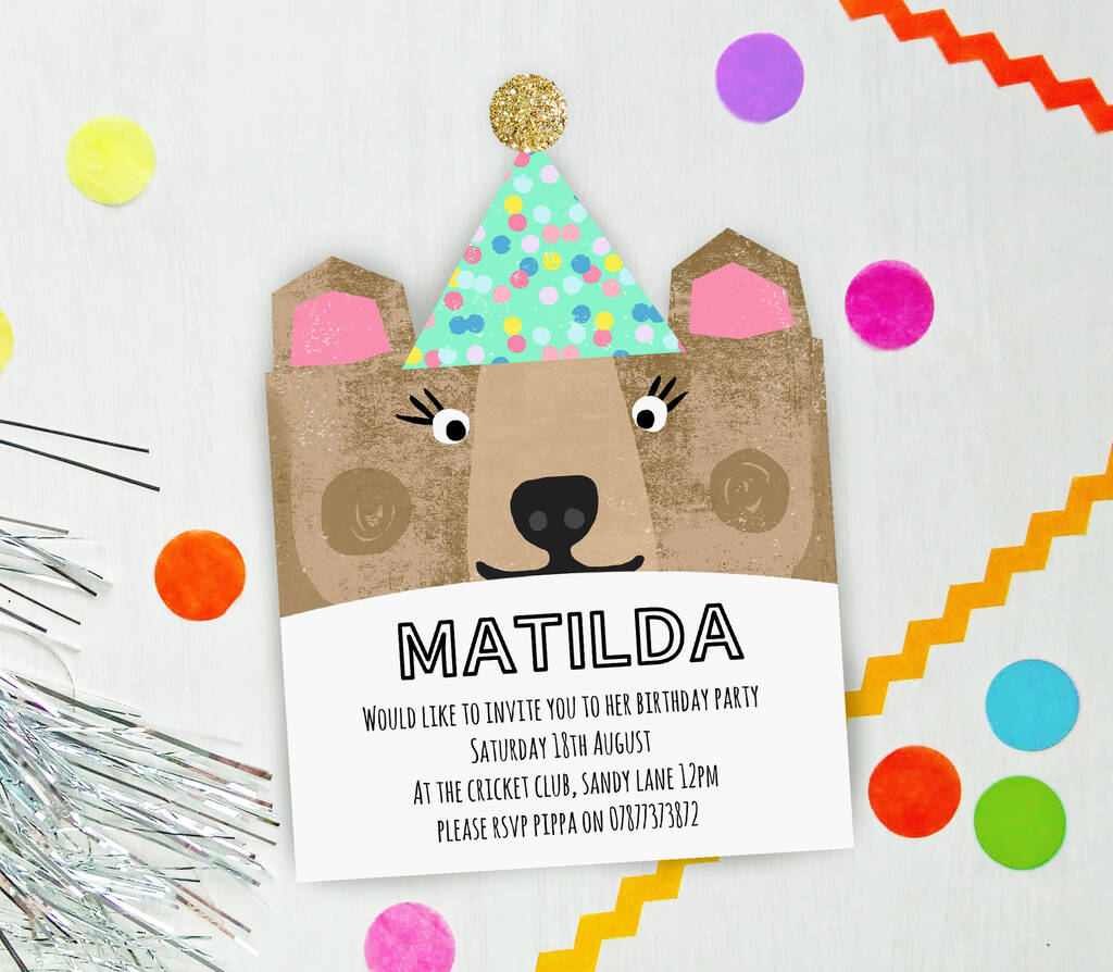 Set Of Six Luxury Party Animal Bear Birthday Invites